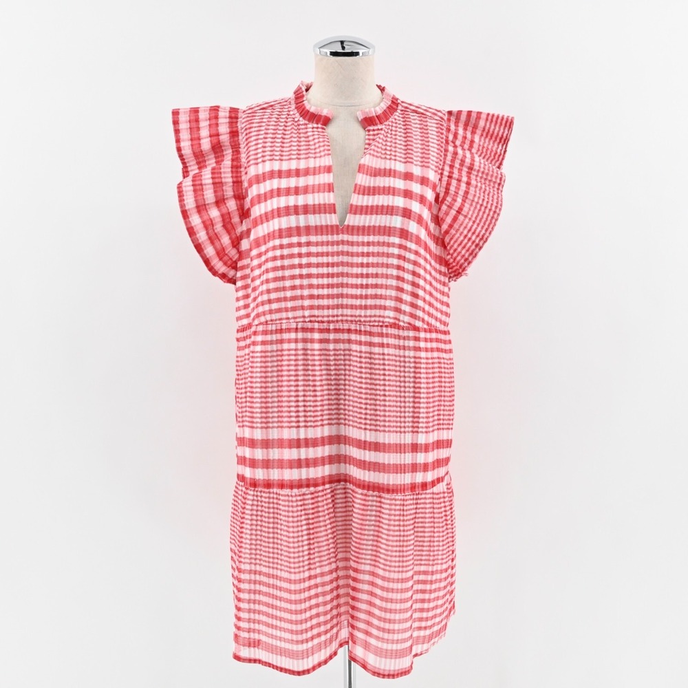 Marie Oliver Bay Mini Dress Womens Size L Cherry Red Check Ruffle Flutter Silk